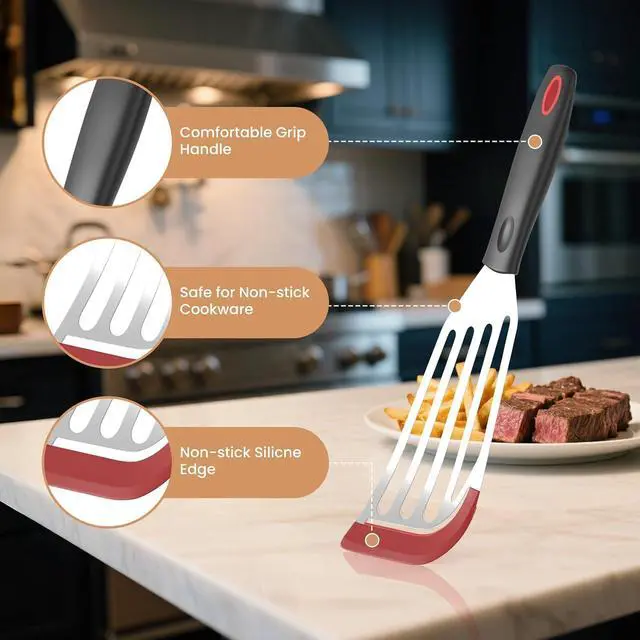 Alt view image 3 of 7 - 2Pack Silicone Fish Spatulas for Nonstick Cookware,Fish Turner Spatula Stainless Steel with Heat Resistant Silicone Edge,Metal Slotted Spatula for Flipping Fish Egg Patties Fries Pancake Steak (Red)