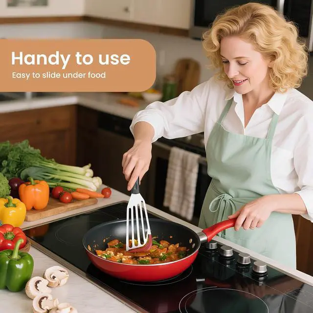 Alt view image 5 of 7 - 2Pack Silicone Fish Spatulas for Nonstick Cookware,Fish Turner Spatula Stainless Steel with Heat Resistant Silicone Edge,Metal Slotted Spatula for Flipping Fish Egg Patties Fries Pancake Steak (Red)