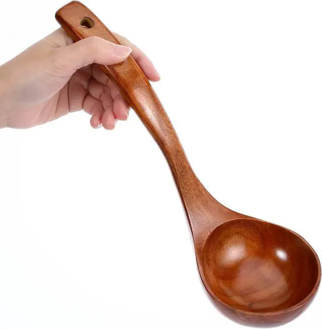 Main image of Wooden Ladle with Handle, 11" Wooden Soup Ladle 3 fl oz Extra Large Kitchen Wood Scoop Deep Teak Wood Spoon Utensil for Cooking Serving Cookware, Sustainable Natural Texture (Bigger and Deeper)