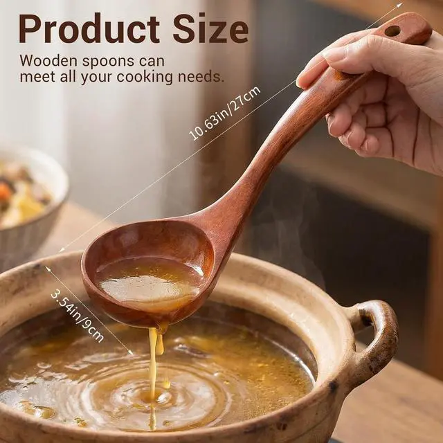 Alt view image 3 of 7 - Wooden Ladle with Handle, 11" Wooden Soup Ladle 3 fl oz Extra Large Kitchen Wood Scoop Deep Teak Wood Spoon Utensil for Cooking Serving Cookware, Sustainable Natural Texture (Bigger and Deeper)