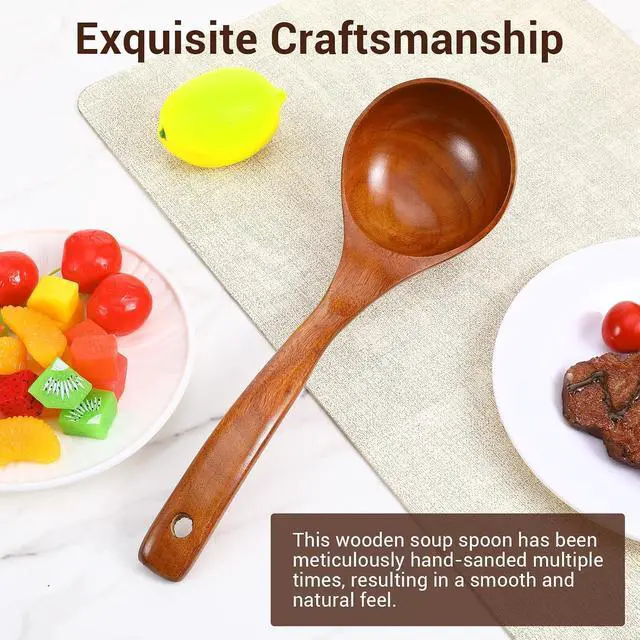 Alt view image 4 of 7 - Wooden Ladle with Handle, 11" Wooden Soup Ladle 3 fl oz Extra Large Kitchen Wood Scoop Deep Teak Wood Spoon Utensil for Cooking Serving Cookware, Sustainable Natural Texture (Bigger and Deeper)