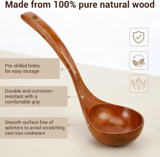 Alt view image 6 of 7 - Wooden Ladle with Handle, 11" Wooden Soup Ladle 3 fl oz Extra Large Kitchen Wood Scoop Deep Teak Wood Spoon Utensil for Cooking Serving Cookware, Sustainable Natural Texture (Bigger and Deeper)