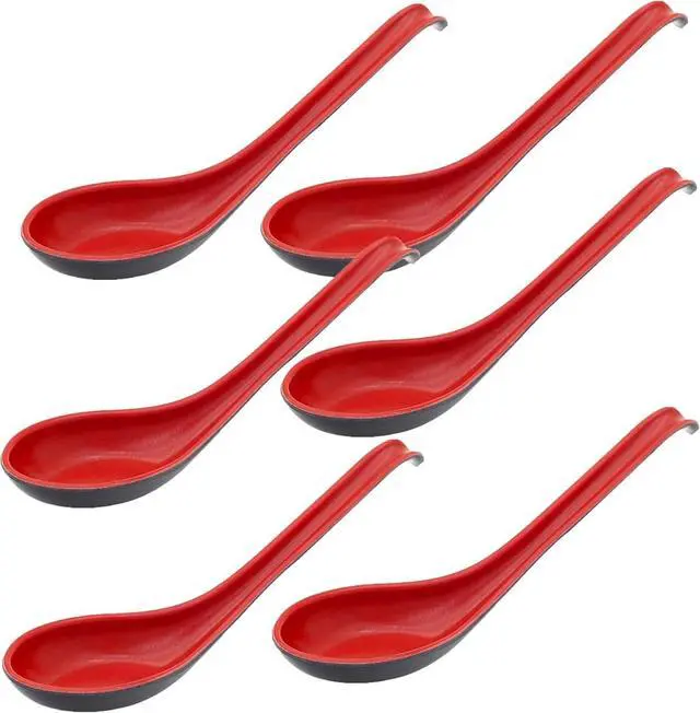 Main image of 6Pcs Asian Soup Spoons Long Handle with Hook Red and Black Chinses Ramen Spoon Japanese Ramen Wontons Soba Rice Noodle Pho Kitchen Flatware