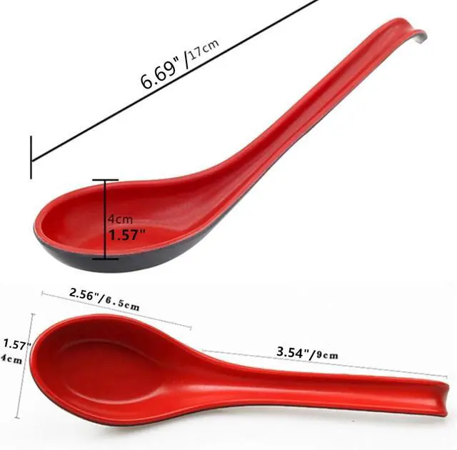 Alt view image 4 of 7 - 6Pcs Asian Soup Spoons Long Handle with Hook Red and Black Chinses Ramen Spoon Japanese Ramen Wontons Soba Rice Noodle Pho Kitchen Flatware