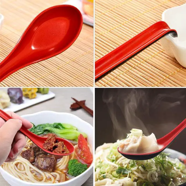 Alt view image 5 of 7 - 6Pcs Asian Soup Spoons Long Handle with Hook Red and Black Chinses Ramen Spoon Japanese Ramen Wontons Soba Rice Noodle Pho Kitchen Flatware