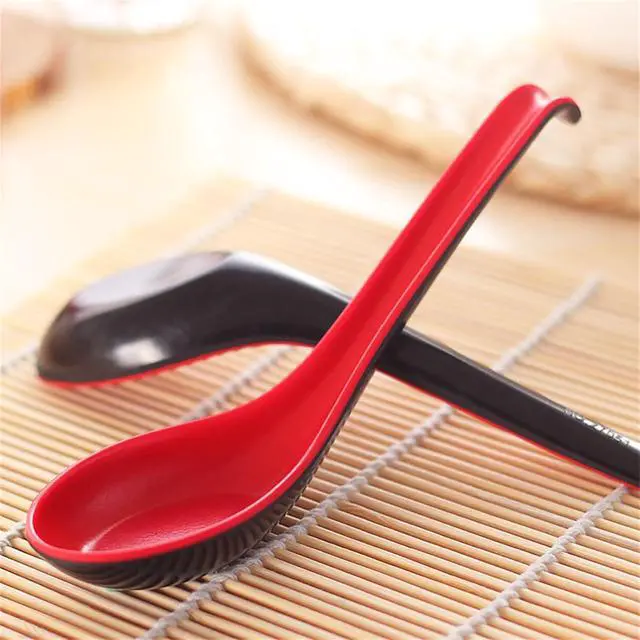 Alt view image 7 of 7 - 6Pcs Asian Soup Spoons Long Handle with Hook Red and Black Chinses Ramen Spoon Japanese Ramen Wontons Soba Rice Noodle Pho Kitchen Flatware