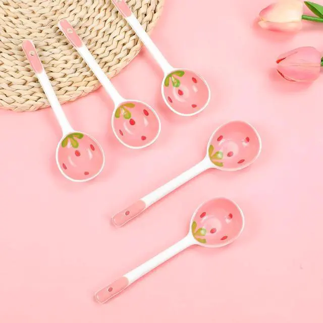 Main image of 5 Pcs Ceramic Soup Spoons Cute Strawberry Spoons Long Handle Porcelain Tablespoons Reusable Dinnerware for Ice-cream Desserts Cereal Soup Yogurt (5)