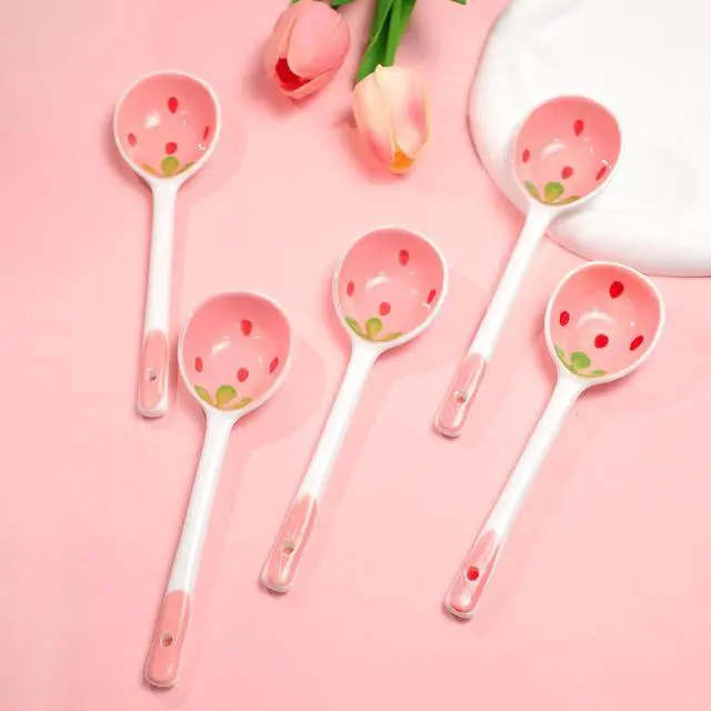 Alt view image 2 of 7 - 5 Pcs Ceramic Soup Spoons Cute Strawberry Spoons Long Handle Porcelain Tablespoons Reusable Dinnerware for Ice-cream Desserts Cereal Soup Yogurt (5)