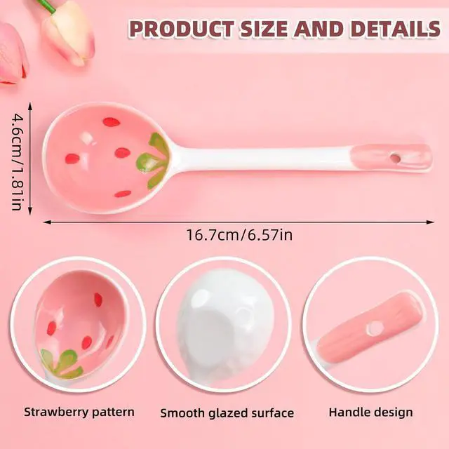 Alt view image 3 of 7 - 5 Pcs Ceramic Soup Spoons Cute Strawberry Spoons Long Handle Porcelain Tablespoons Reusable Dinnerware for Ice-cream Desserts Cereal Soup Yogurt (5)