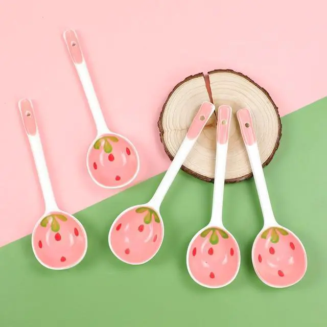 Alt view image 4 of 7 - 5 Pcs Ceramic Soup Spoons Cute Strawberry Spoons Long Handle Porcelain Tablespoons Reusable Dinnerware for Ice-cream Desserts Cereal Soup Yogurt (5)