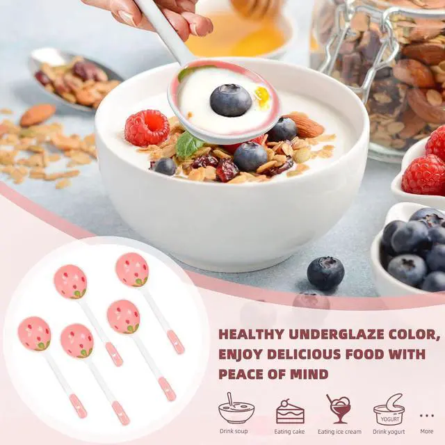 Alt view image 5 of 7 - 5 Pcs Ceramic Soup Spoons Cute Strawberry Spoons Long Handle Porcelain Tablespoons Reusable Dinnerware for Ice-cream Desserts Cereal Soup Yogurt (5)