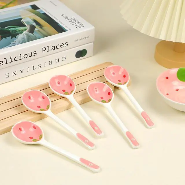 Alt view image 6 of 7 - 5 Pcs Ceramic Soup Spoons Cute Strawberry Spoons Long Handle Porcelain Tablespoons Reusable Dinnerware for Ice-cream Desserts Cereal Soup Yogurt (5)
