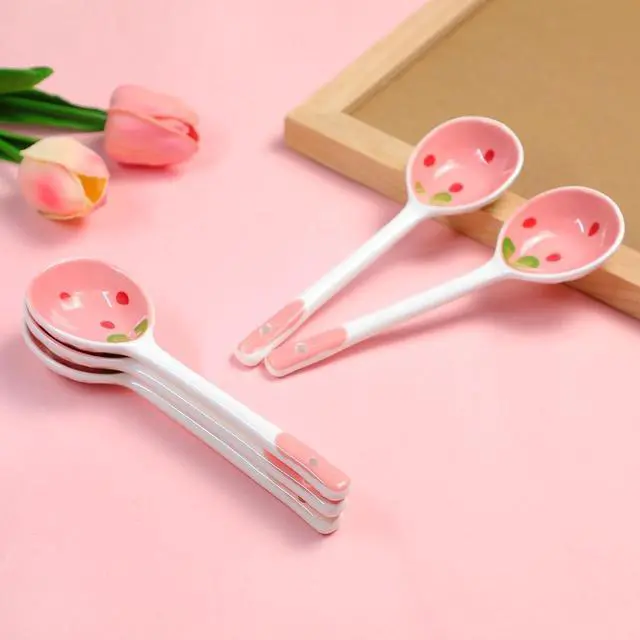 Alt view image 7 of 7 - 5 Pcs Ceramic Soup Spoons Cute Strawberry Spoons Long Handle Porcelain Tablespoons Reusable Dinnerware for Ice-cream Desserts Cereal Soup Yogurt (5)