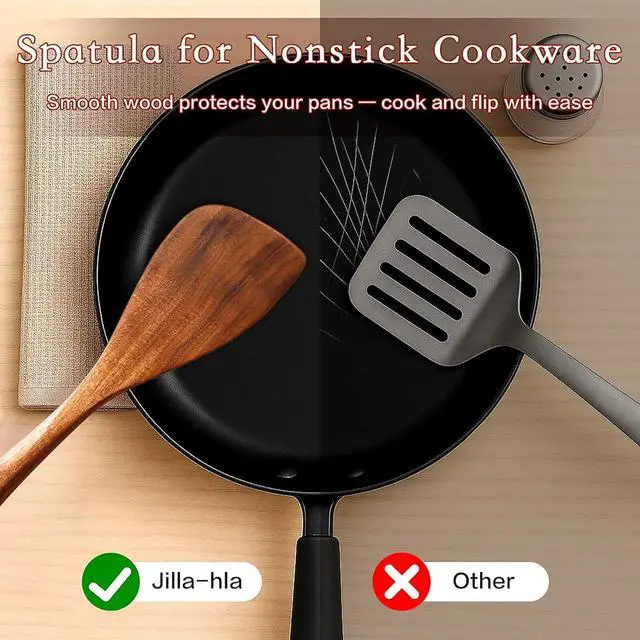 Alt view image 4 of 5 - Jilla-hla Wooden Spatula Nonstick Turner Acacia Wood, Right Long Handle Flat Frying Spatulas Handmade for Mother Wife Grandma Her Kitchen Gift, Ideal Cookware Utensils for Cooking Eggs, Fish, Pancakes