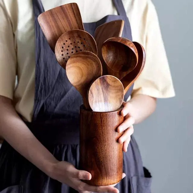 Alt view image 5 of 7 - Teak Kitchen Utensils,Wooden Soup Spoon Kitchenware Seasoning Scoop Dipping,Oil Dipper,Meal Rice Scoop,Natural Utensils Handcrafted Cutlery Tool (soup spoon(10.6x3.15in))