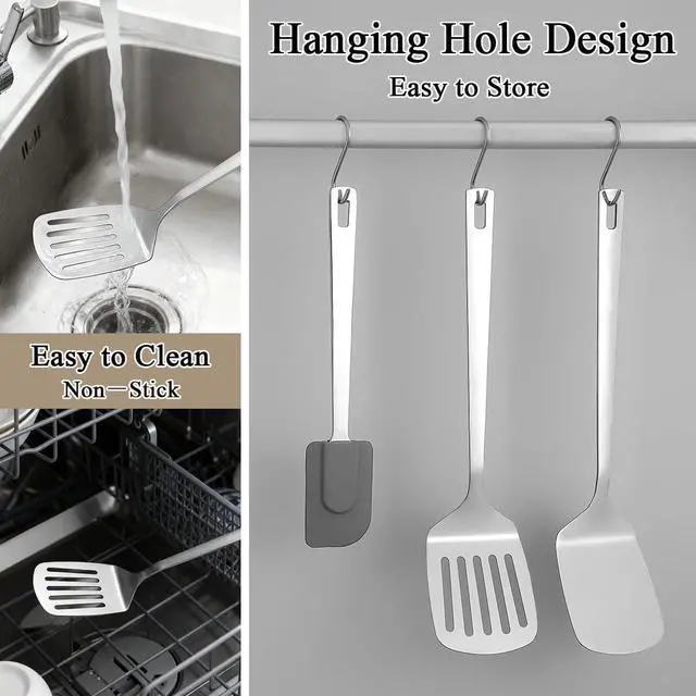 Alt view image 7 of 7 - Berglander Stainless Steel Spatulas Set 3pcs, Metal Spatula Solid&Slotted&Flexible Turner, Heavy Duty Sturdy Kitchen Spatula, High Heat Resistant Cooking Utensils for Nonstick Cookware