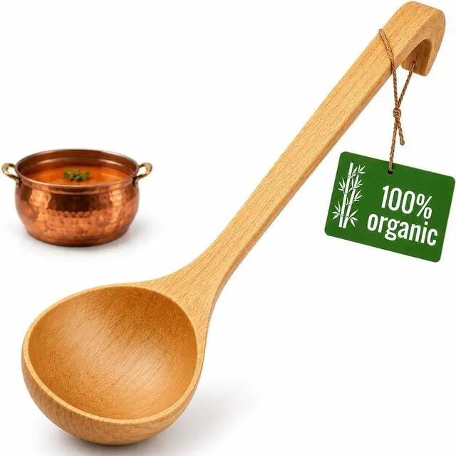 Main image of Bamboo Ladle for Soup, 10.8x2.8 In, Deep Bowl, Hook-End Handle