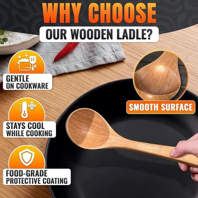 Alt view image 3 of 7 - Bamboo Ladle for Soup, 10.8x2.8 In, Deep Bowl, Hook-End Handle