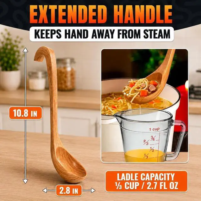 Alt view image 2 of 7 - Bamboo Ladle for Soup, 10.8x2.8 In, Deep Bowl, Hook-End Handle