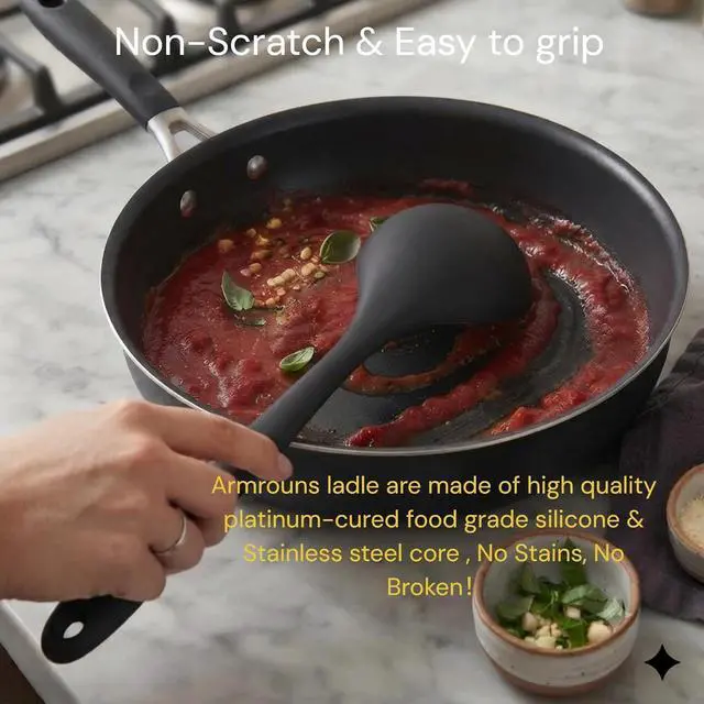 Alt view image 4 of 6 - 12" Silicone Ladle Spoon Set of 2, Long handle soup spoons Seamless & Nonstick, Heat resistant 600 °F Kitchen Soup Ladles for Cooking.
