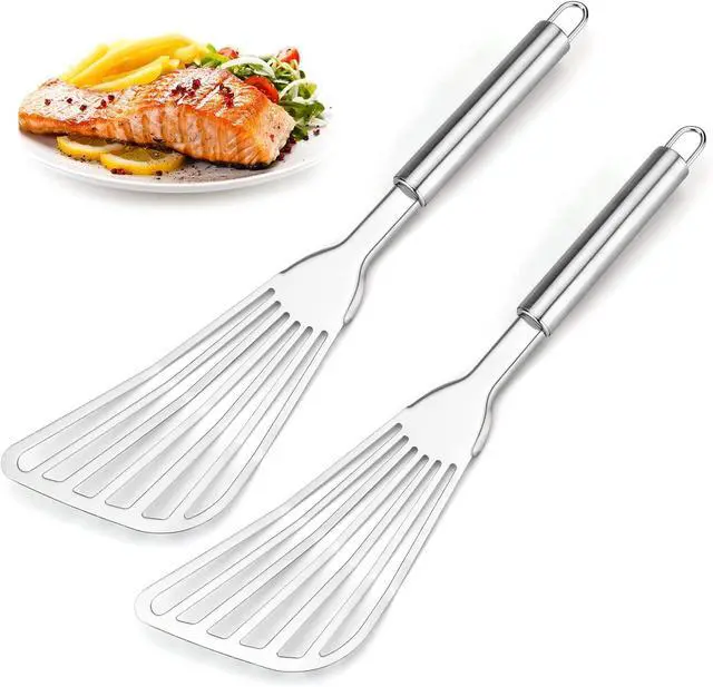 Main image of Cualork 2-Piece Premium Fish Spatula Set, Big Size Stainless Steel, Thickness Blade Turner for Cooking, Flipping, Frying and Grilling
