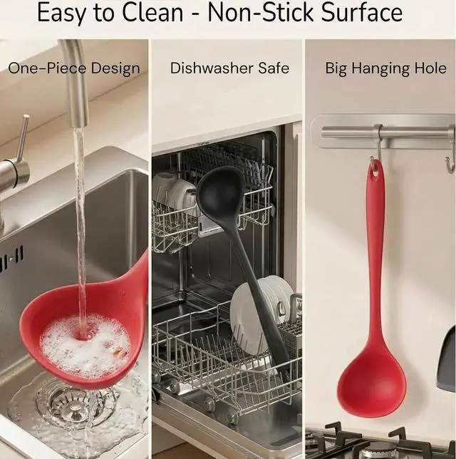 Alt view image 6 of 6 - 12" Silicone Ladle Spoon Set of 2, Long handle soup spoons Seamless & Nonstick, Heat resistant 600 °F Kitchen Soup Ladles for Cooking.
