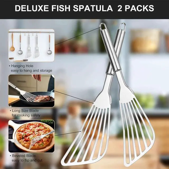 Alt view image 3 of 7 - Cualork 2-Piece Premium Fish Spatula Set, Big Size Stainless Steel, Thickness Blade Turner for Cooking, Flipping, Frying and Grilling