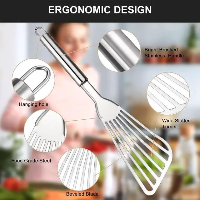 Alt view image 4 of 7 - Cualork 2-Piece Premium Fish Spatula Set, Big Size Stainless Steel, Thickness Blade Turner for Cooking, Flipping, Frying and Grilling