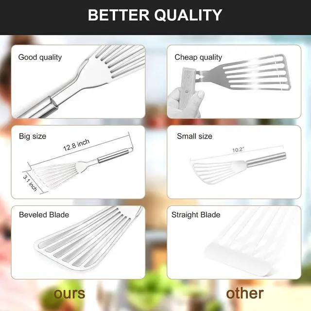 Alt view image 5 of 7 - Cualork 2-Piece Premium Fish Spatula Set, Big Size Stainless Steel, Thickness Blade Turner for Cooking, Flipping, Frying and Grilling