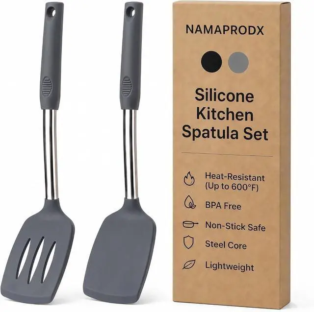 Main image of Silicone Spatula Set (2-Pc) - 600°F Heat Resistant, BPA Free, Non-Scratch, Dishwasher Safe I Slotted & Solid Kitchen Spatula Turners I Ideal for Eggs, Pancakes, Fish I Stainless Steel I Gray