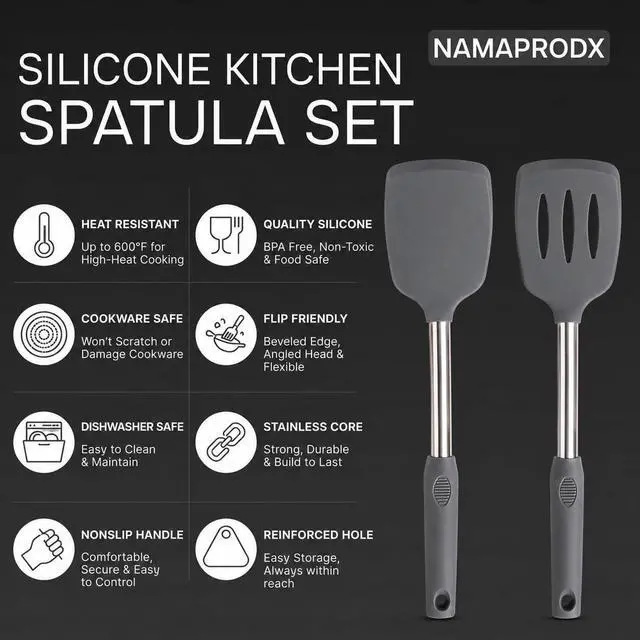 Alt view image 2 of 7 - Silicone Spatula Set (2-Pc) - 600°F Heat Resistant, BPA Free, Non-Scratch, Dishwasher Safe I Slotted & Solid Kitchen Spatula Turners I Ideal for Eggs, Pancakes, Fish I Stainless Steel I Gray