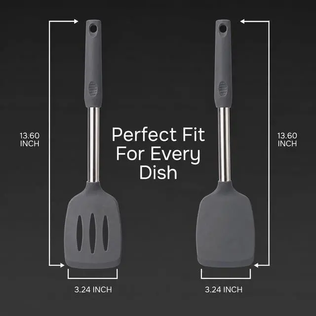 Alt view image 3 of 7 - Silicone Spatula Set (2-Pc) - 600°F Heat Resistant, BPA Free, Non-Scratch, Dishwasher Safe I Slotted & Solid Kitchen Spatula Turners I Ideal for Eggs, Pancakes, Fish I Stainless Steel I Gray