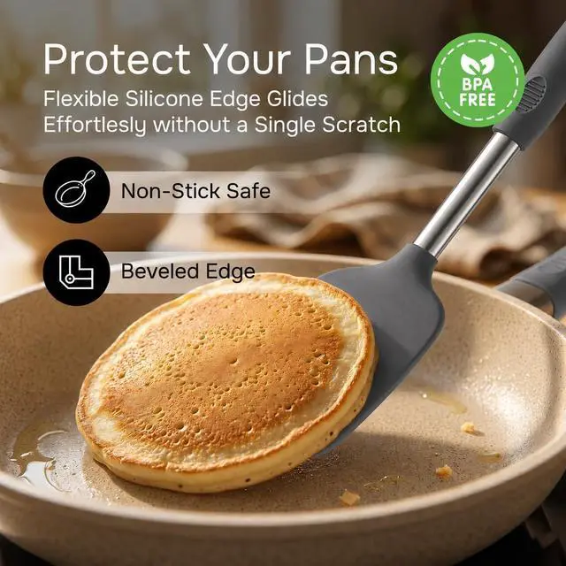 Alt view image 5 of 7 - Silicone Spatula Set (2-Pc) - 600°F Heat Resistant, BPA Free, Non-Scratch, Dishwasher Safe I Slotted & Solid Kitchen Spatula Turners I Ideal for Eggs, Pancakes, Fish I Stainless Steel I Gray