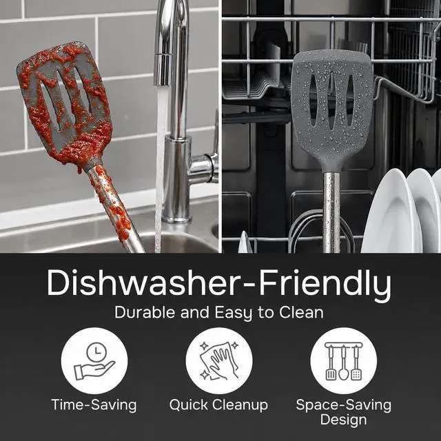 Alt view image 6 of 7 - Silicone Spatula Set (2-Pc) - 600°F Heat Resistant, BPA Free, Non-Scratch, Dishwasher Safe I Slotted & Solid Kitchen Spatula Turners I Ideal for Eggs, Pancakes, Fish I Stainless Steel I Gray