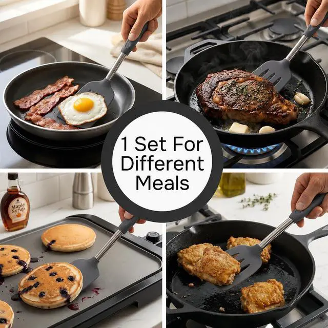 Alt view image 7 of 7 - Silicone Spatula Set (2-Pc) - 600°F Heat Resistant, BPA Free, Non-Scratch, Dishwasher Safe I Slotted & Solid Kitchen Spatula Turners I Ideal for Eggs, Pancakes, Fish I Stainless Steel I Gray