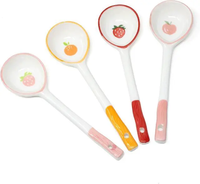 Main image of Honbay 4PCS Long Handle Ceramic Soup Spoons Cute Fruit Strawberry Orange Peach Pattern Tablespoons Porcelain Spoon with Hanging Hole for Coffee Fruit Dip Stew Porridge Yogurt Ice Cream Desserts