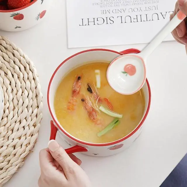 Alt view image 5 of 7 - Honbay 4PCS Long Handle Ceramic Soup Spoons Cute Fruit Strawberry Orange Peach Pattern Tablespoons Porcelain Spoon with Hanging Hole for Coffee Fruit Dip Stew Porridge Yogurt Ice Cream Desserts