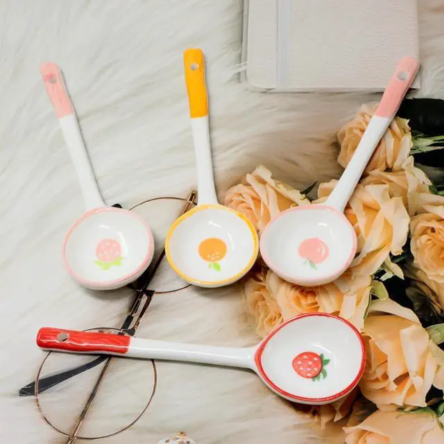 Alt view image 3 of 7 - Honbay 4PCS Long Handle Ceramic Soup Spoons Cute Fruit Strawberry Orange Peach Pattern Tablespoons Porcelain Spoon with Hanging Hole for Coffee Fruit Dip Stew Porridge Yogurt Ice Cream Desserts