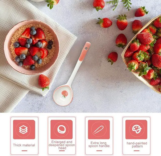 Alt view image 6 of 7 - Honbay 4PCS Long Handle Ceramic Soup Spoons Cute Fruit Strawberry Orange Peach Pattern Tablespoons Porcelain Spoon with Hanging Hole for Coffee Fruit Dip Stew Porridge Yogurt Ice Cream Desserts