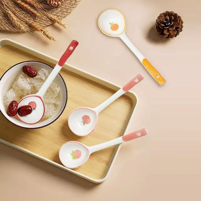 Alt view image 4 of 7 - Honbay 4PCS Long Handle Ceramic Soup Spoons Cute Fruit Strawberry Orange Peach Pattern Tablespoons Porcelain Spoon with Hanging Hole for Coffee Fruit Dip Stew Porridge Yogurt Ice Cream Desserts