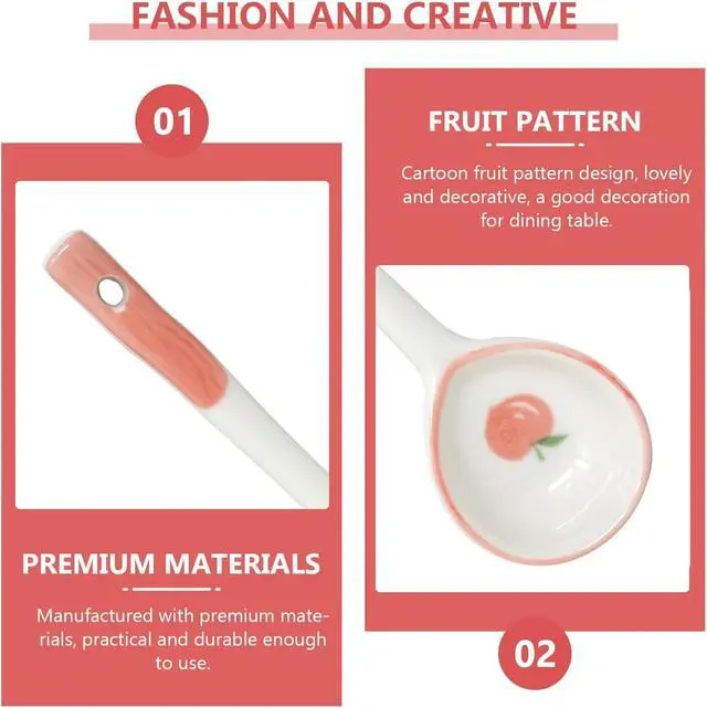 Alt view image 7 of 7 - Honbay 4PCS Long Handle Ceramic Soup Spoons Cute Fruit Strawberry Orange Peach Pattern Tablespoons Porcelain Spoon with Hanging Hole for Coffee Fruit Dip Stew Porridge Yogurt Ice Cream Desserts