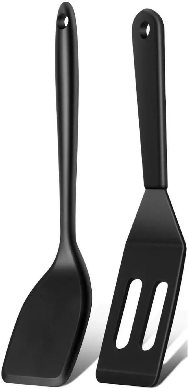 Main image of Mini Serving Spatula 2pcs set, Silicone Serve Turner Heat-Resistant Cookie Slotted Spatula, For Kitchen Cooking. (Black)