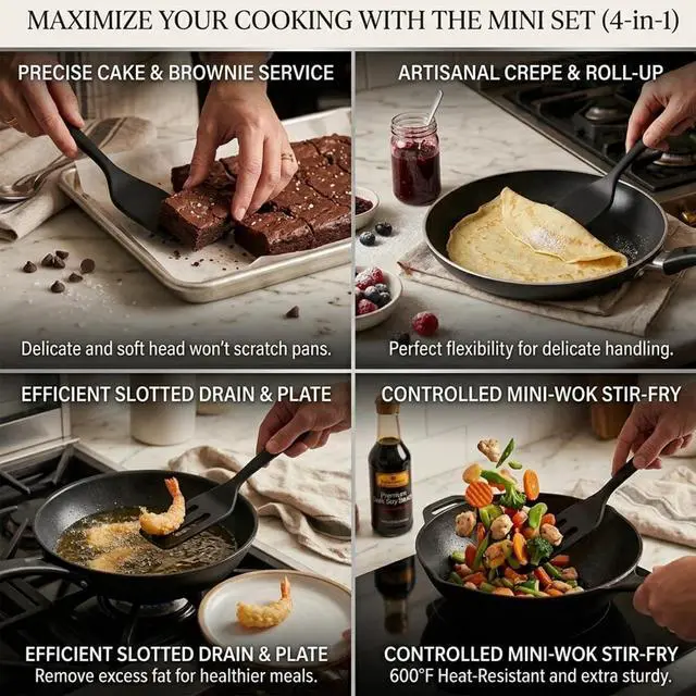 Alt view image 3 of 6 - Mini Serving Spatula 2pcs set, Silicone Serve Turner Heat-Resistant Cookie Slotted Spatula, For Kitchen Cooking. (Black)