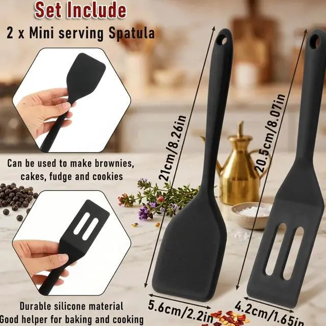 Alt view image 5 of 6 - Mini Serving Spatula 2pcs set, Silicone Serve Turner Heat-Resistant Cookie Slotted Spatula, For Kitchen Cooking. (Black)
