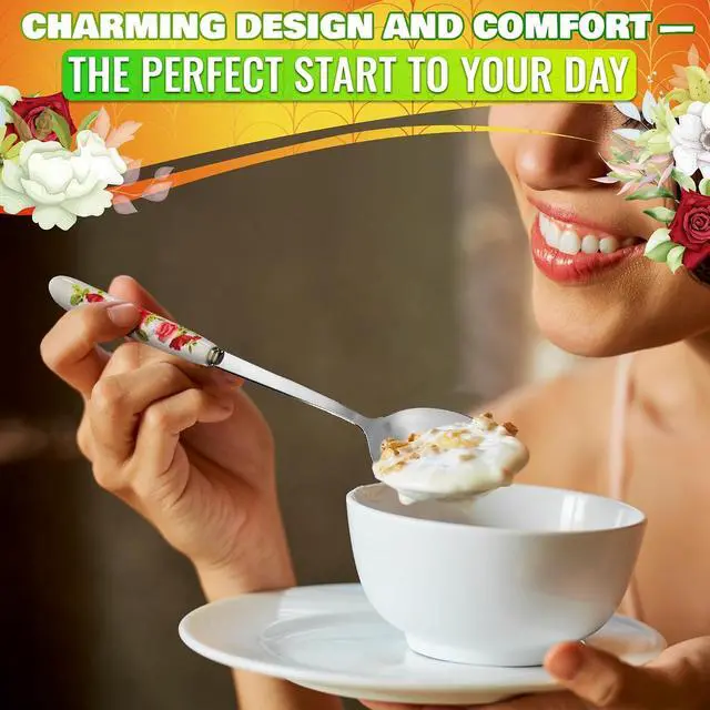 Alt view image 6 of 7 - Tablespoons Set of 6, Ceramic Handle, Stainless Steel, Floral Design