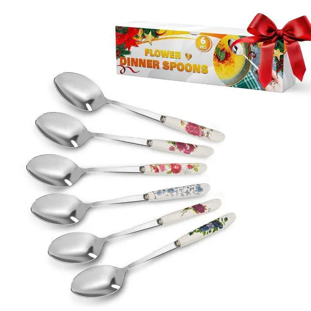 Main image of Tablespoons Set of 6, Ceramic Handle, Stainless Steel, Floral Design