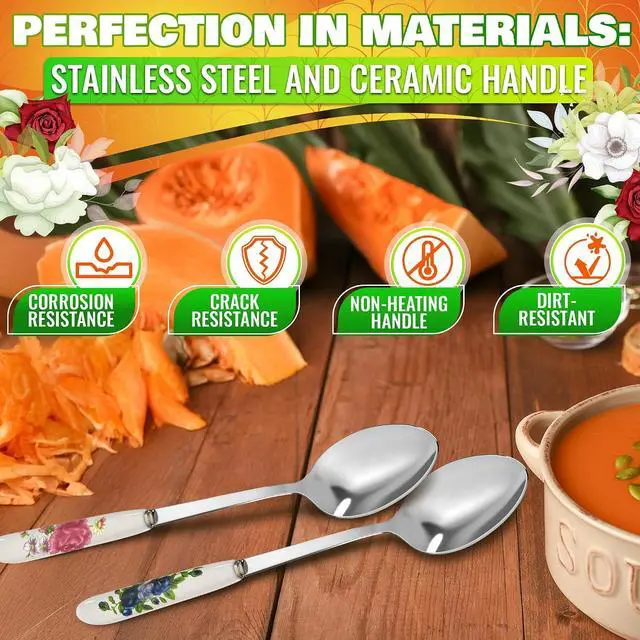 Alt view image 3 of 7 - Tablespoons Set of 6, Ceramic Handle, Stainless Steel, Floral Design