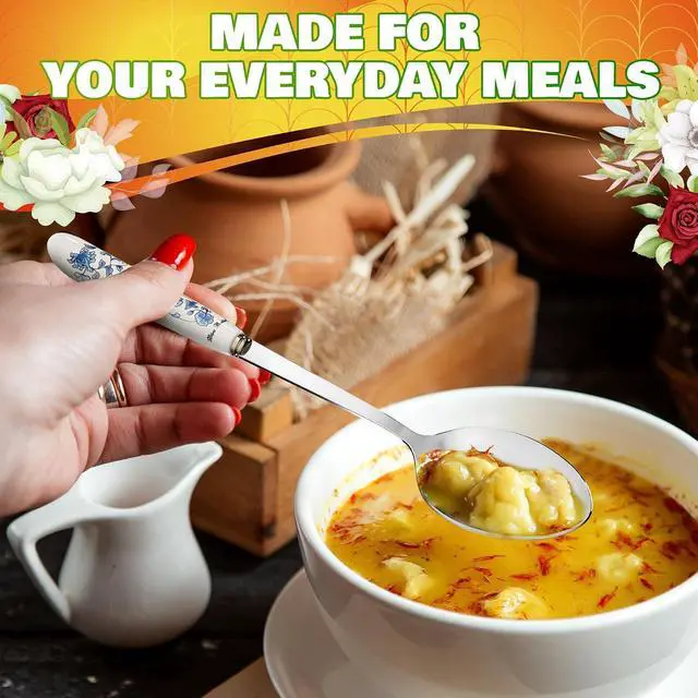 Alt view image 7 of 7 - Tablespoons Set of 6, Ceramic Handle, Stainless Steel, Floral Design