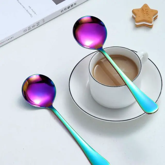 Alt view image 4 of 7 - Rainbow Soup Spoon of 4, Berglander 7.5" Stainless Steel Titanium Plating Shiny Mutilcolor Round Spoons Silverware, Colorful Table Spoon Table Spoons Set Sturdy Easy To Clean, Dishwasher Safe
