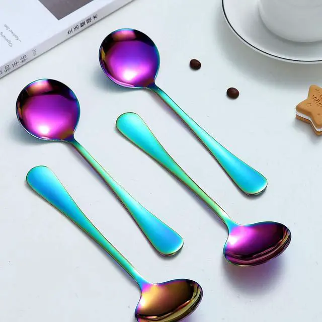 Alt view image 5 of 7 - Rainbow Soup Spoon of 4, Berglander 7.5" Stainless Steel Titanium Plating Shiny Mutilcolor Round Spoons Silverware, Colorful Table Spoon Table Spoons Set Sturdy Easy To Clean, Dishwasher Safe